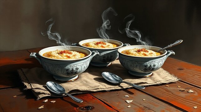 Three Antique Porcelain Bowls of Steaming Porridge with Silver Spoons on a Rustic Wooden Table &ndash; Goldilocks and the Three Bears