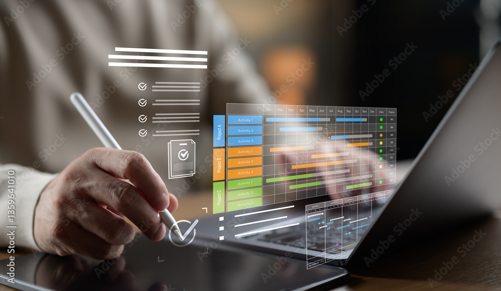Leinwandbilder Project manager work with Gantt chart schedule, plan tasks and deliverables. Scheduling activities to do list, KPI dashboard, representing corporate efficiency, productivity, and timeline tracking.