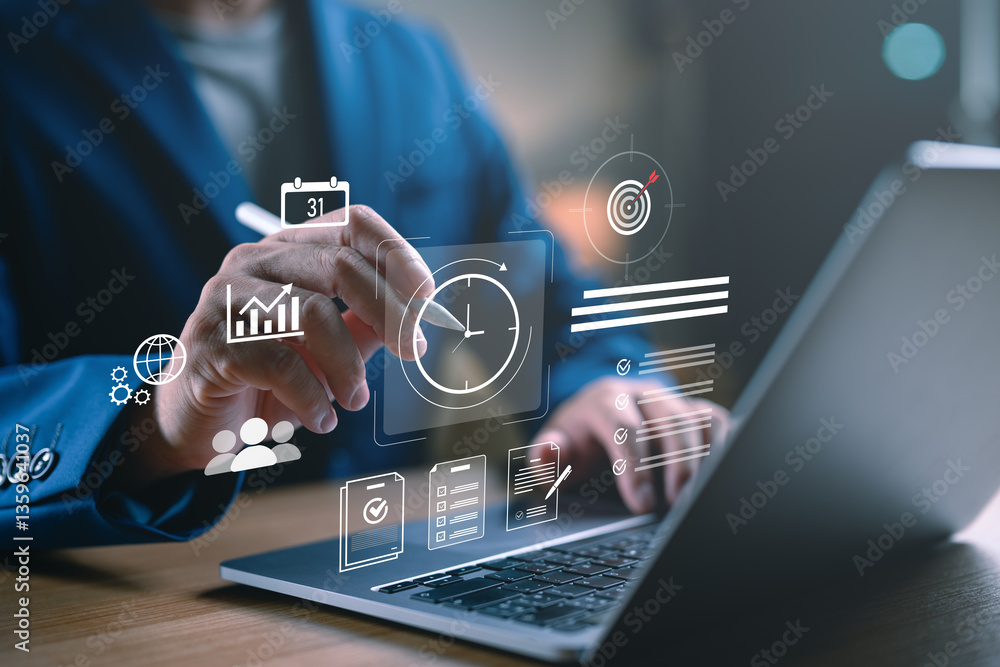 Poster business professional working on a laptop with clock and to do list interface, time management and p