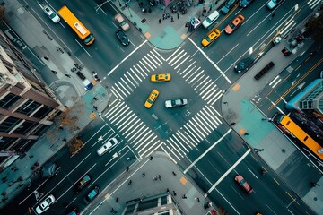 Vibrant Picture of Aerial View of a Busy Street Intersection with Cars and Vehicles