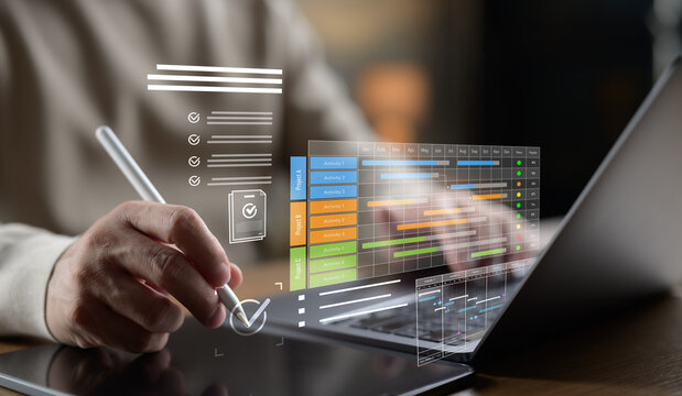 Project manager work with Gantt chart schedule, plan tasks and deliverables. Scheduling activities to do list, KPI dashboard, representing corporate efficiency, productivity, and timeline tracking.