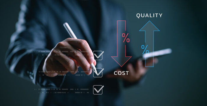 Quality control, Quality improvement and cost management visualization for success. Digital interface showcasing strategic planning and performance enhancement through innovation and decision-making.