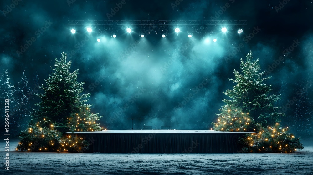 Poster a magical winter scene with snow dusted evergreen trees adorned with twinkling lights set against a 