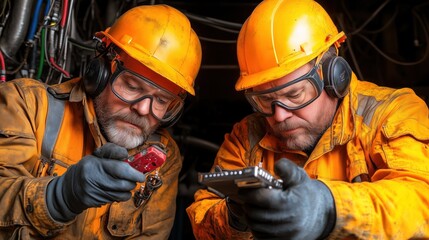Two workers dressed in bright orange protective gear focus on inspecting tools in a dimly lit industrial area, highlighting their attention to safety and maintenance processes