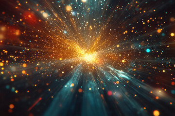 Obraz premium Brilliant Burst: A dynamic explosion of golden light particles emanating from a central point, striking pattern.