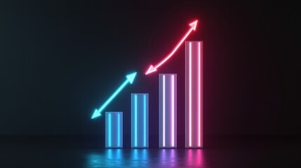Fototapeta premium Abstract neon glowing bar graph with upward and downward trend arrows