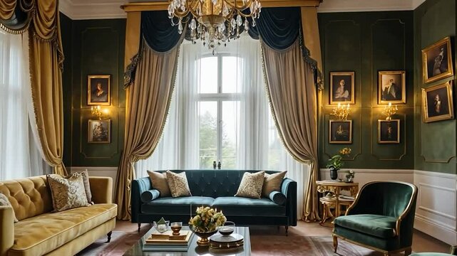 Elegantly appointed living room with classic furniture and artful decor ambience