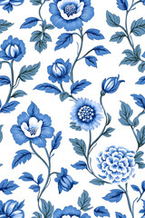 Blue and white french floral seamless pattern on a white background