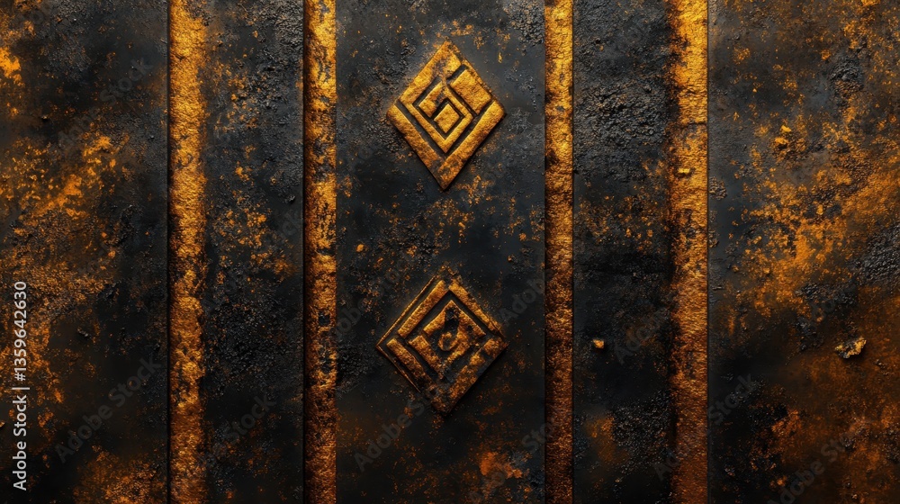 Poster ancient carvings: an intriguing textured shot featuring intricate geometric patterns and ancient sym