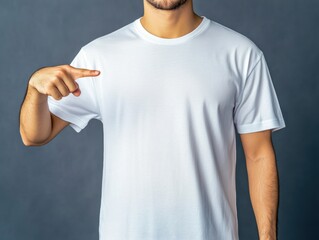 Young man pointing at blank white t-shirt in studio fashion display minimalist environment