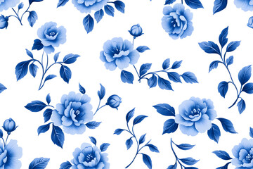 Blue and white french floral seamless pattern on a white background