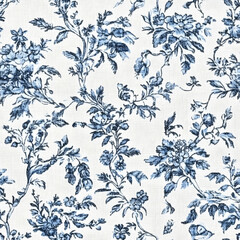 Fototapeta premium Blue and white french floral seamless pattern on a white background