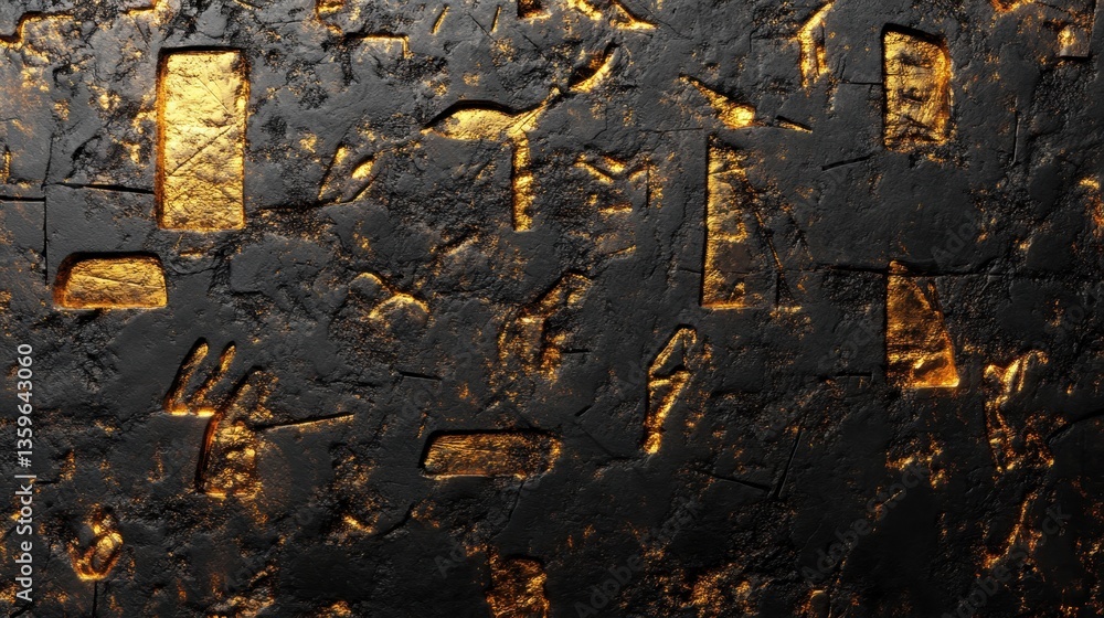 Poster ancient writings: unveiling a weathered wall etched with hieroglyphic symbols, each character illumi