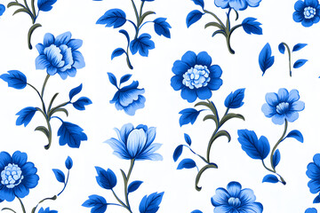 Blue and white french floral seamless pattern on a white background