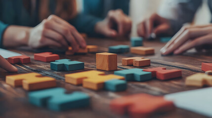 Fototapeta premium Hands Engaging in Collaborative Puzzle Solving with Colorful Pieces on Wooden Table