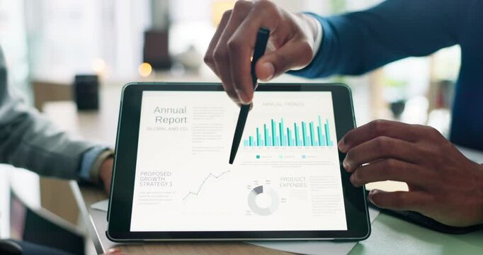 Consulting, finance and data on tablet screen with business people in office for investment growth. Infographic, money and portfolio with financial advisor speaking to client for wealth management