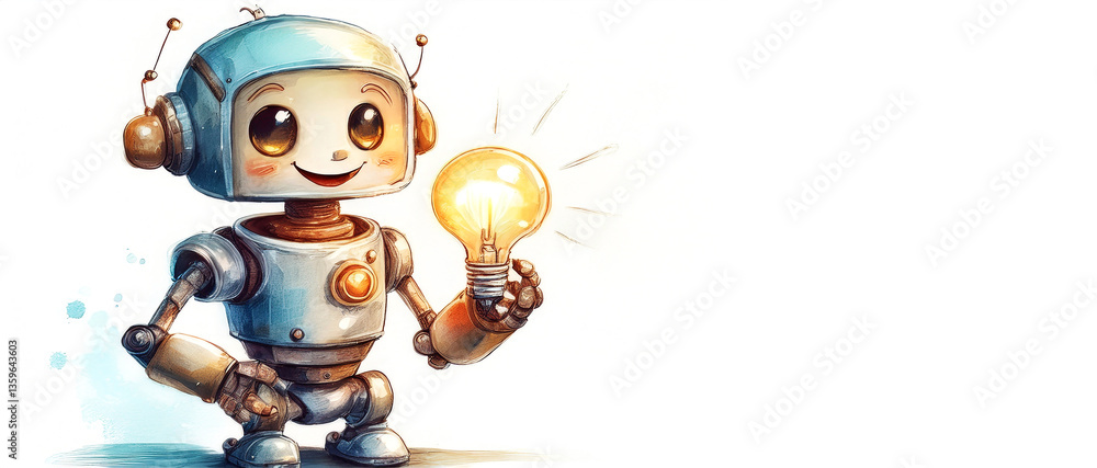 Poster close-up, sketch of a cute smiling robot holding a glowing light bulb isolated on white background w