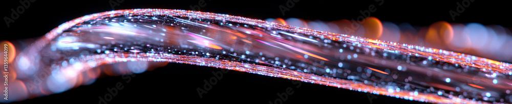 Poster curved translucent stream with internal light streaks and bokeh background