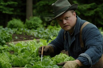 A dedicated farmer tends to his lettuce crop with a hand tool, promoting sustainable agriculture, healthy eating, and the rewards of organic farming practices outdoors.