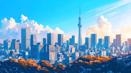 Fototapeta premium Anime-inspired Tokyo cityscape, showcasing sleek modern buildings and iconic architecture, the skyline framed by a vivid blue sky with artistic gradients