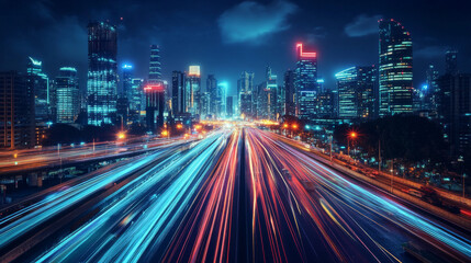 Fototapeta premium A smart city transformation concept visualized with digital light trails over an urban skyline at night, representing the impact of 5G technology and fiber optics