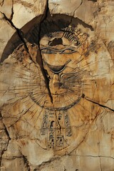 Fototapeta premium Ancient Egyptian Carving: A close-up shot of an ancient Egyptian carving, depicting a stylized face, with intricate hieroglyphs, showcasing historical art and craftsmanship.