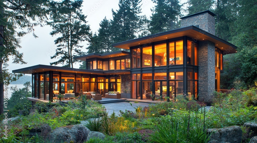 Poster Luxurious architectural residence nestled within lush nature in a tranquil setting