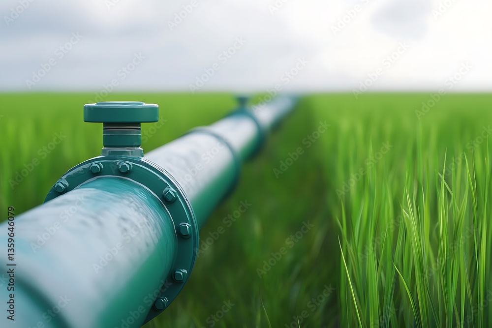 Poster a close-up view of a green pipeline running through a lush field, highlighting agricultural infrastr
