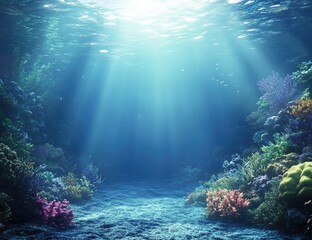 Naklejka premium Submerged coral reef illuminated by sunlight