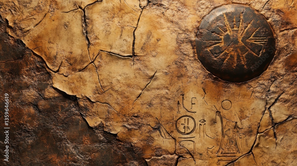 Poster ancient carvings: detailed image of weathered, carved surface displaying symbolic markings and intri