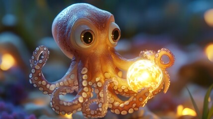 Enchanting depths, A curious octopus with a luminescent orb