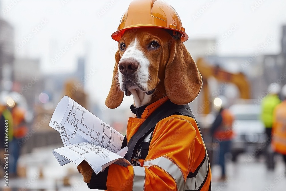 Poster a basset hound engineer in a hard hat examines architectural blueprints on a construction site, over