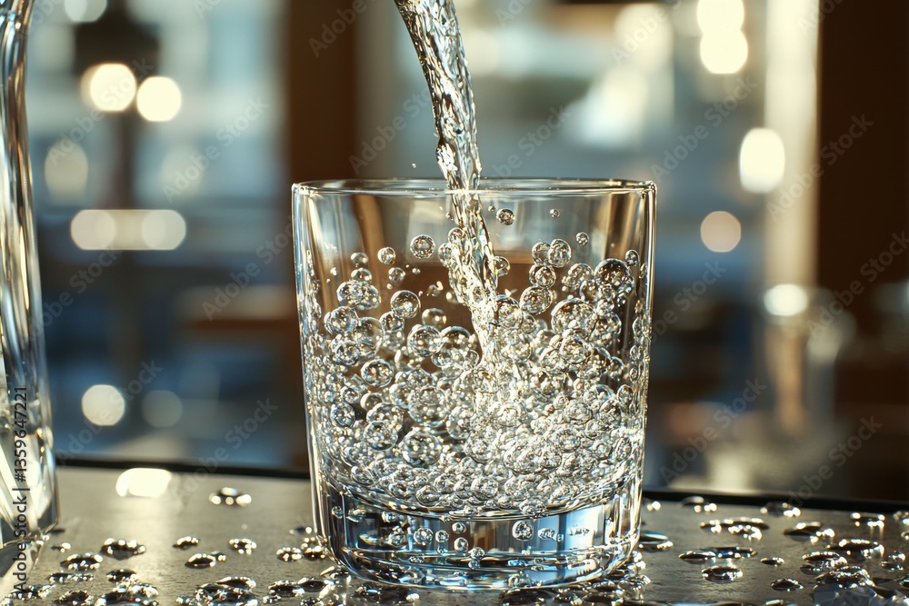 Poster pouring a refreshing glass of sparkling water filled with effervescent bubbles, creating a hydrating