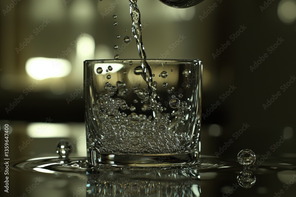 Poster captivating close-up of water pouring into a glass, filled with numerous air bubbles creating a dyna
