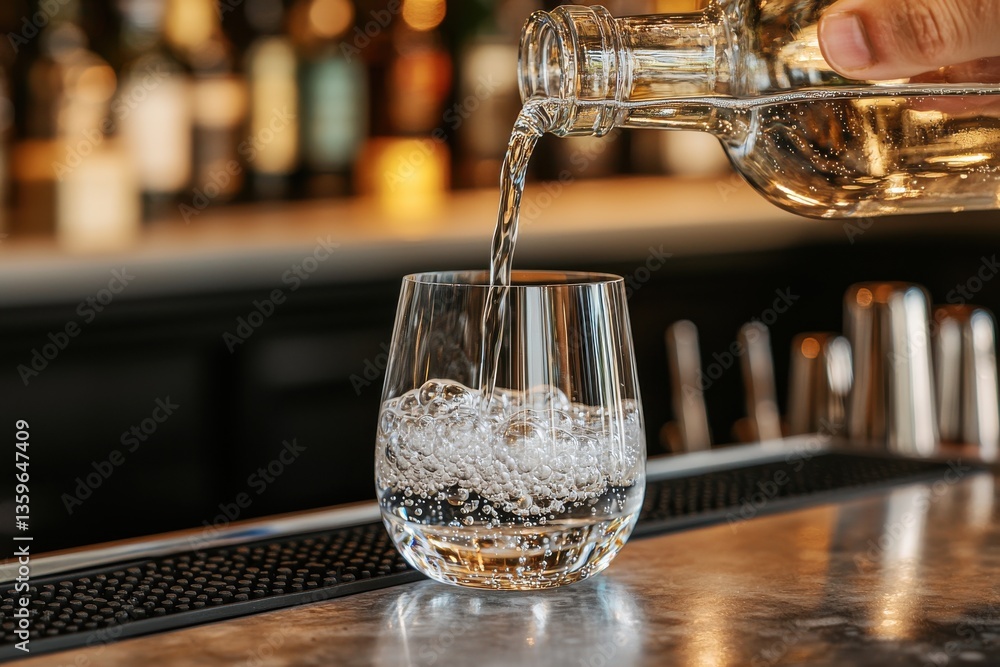 Poster close-up of a clear glass being filled with a liquid, creating bubbles and showing bar setting, with