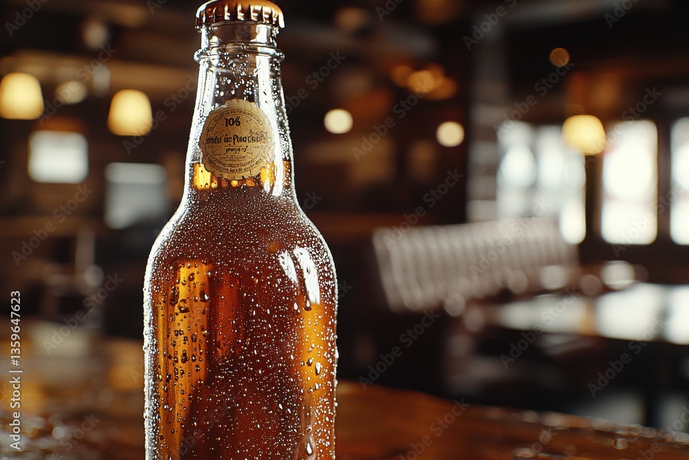 Poster close-up of a refreshing beer bottle with condensation, set on a wooden table in a bar, creating an 