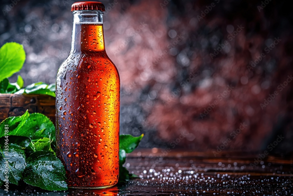 Poster a close-up of a 0% alcohol cider in a clear bottle, with droplets and reflective surfaces in sharp f