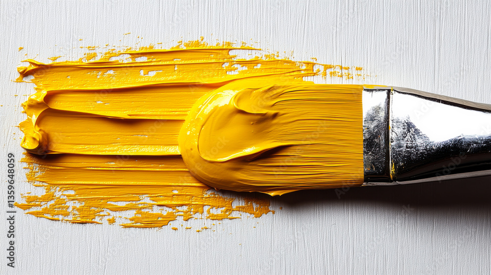 Poster bright yellow paint applied with a large brush on a textured white surface in an artistic setting