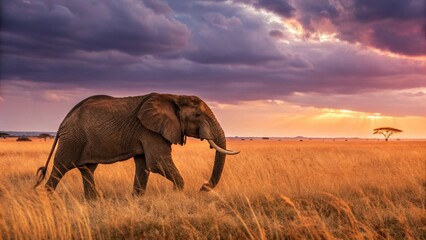 Naklejka premium An elephant walking through a golden field at sunset, showcasing wildlife in nature. 