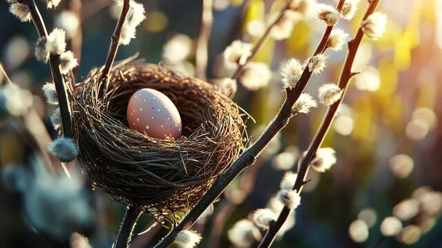 Nest with decorated egg among blooming branches during spring evening light