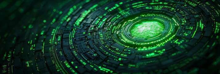A digital abstract image featuring concentric circular patterns in vibrant green tones, evoking technology and futuristic concepts.