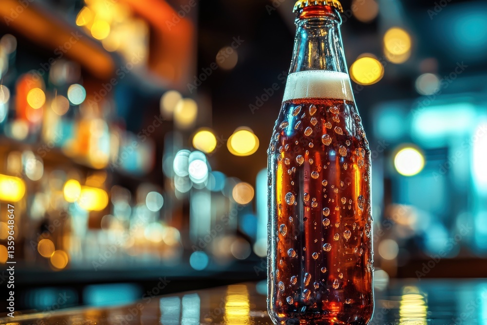 Poster a refreshing bottle of amber beer with condensation, placed on a bar counter, against a blurred back