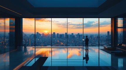 Modern Interior of High-Rise Building with City Sunset View