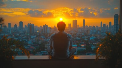 Serene Sunset Over Urban Landscape with Silhouette of a Person