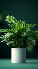 A vibrant green plant in a white pot, set against a dark green background, reflecting a refreshing and serene atmosphere.