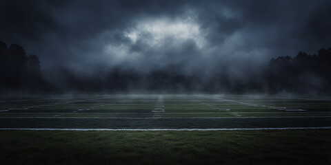 Misty field under a dramatic sky with dark trees looming in the background creating a moody atmospheric scene.