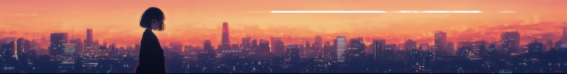 Fototapeta premium Silhouetted woman overlooking city skyline at sunset with orange and purple hues, symbolizing contemplation and future dreams. Perfect for lifestyle, travel, and urban banner themes.