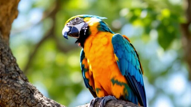 A real parrot perched on a tree branch, tilting its head while mimicking sounds, its vibrant feathers shining under the sunlight, creating a lively and colorful wildlife scene.