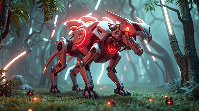 Robotic jaguar prowls through a futuristic neon lit forest