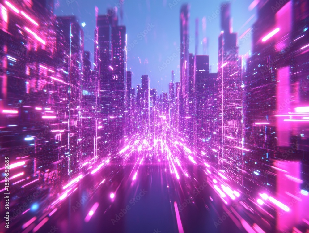 Poster dynamic digital mesh of neon glowing particles in futuristic urban environment abstract viewpoint